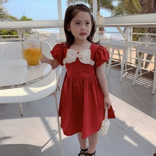 Wholesale Summer Girls Dress With Mesh Bow Princess Vintage Short Puff Sleeves Party Cotton Dress Birthday Dress
