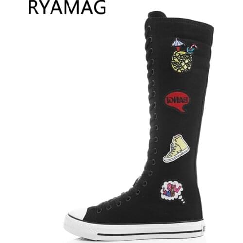 Ryamag 2021 New Womens Canvas Boots Long Dance Boots Shoes Flats inns embroidery design Zipper Comfortable Vulcanize Sneakers