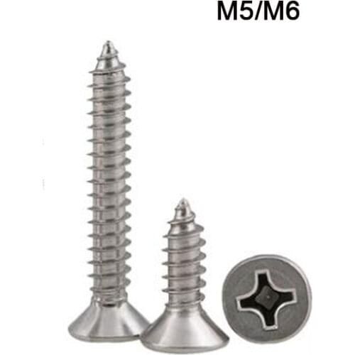 30pcs M5 M6 Metalworking Stainless Steel Cross Recessed Countersunk Head Tapping Screws Wood Screw High Quality