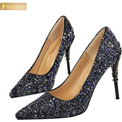 BIGTREE women pumps sexy night shop with thin high heel shallowly shallowly pointed single shoes Sequined Cloth wedding shoes