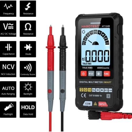 HT124A Smart Digital Multimeter 4000 Counts True RMS Auto Ranging Voltage Meter with Backlight LCD Screen 600V AC DC Voltmeter