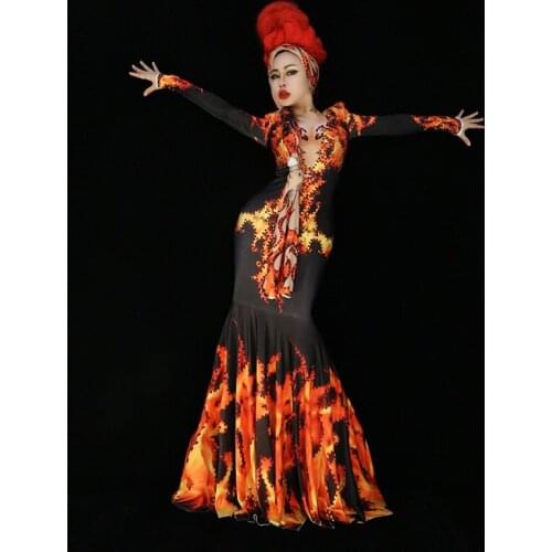 X79 Singer stage wears long dress female catwalk performance outfits printed skirt club tight skinny women dress club show disco