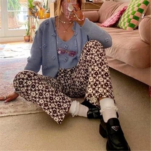 HOUZHOU Y2K Vintage Low Waist Brown Flare Pants Women E Girl Aesthetic Floral Print Casual Slim Trousers For Female 90s Style