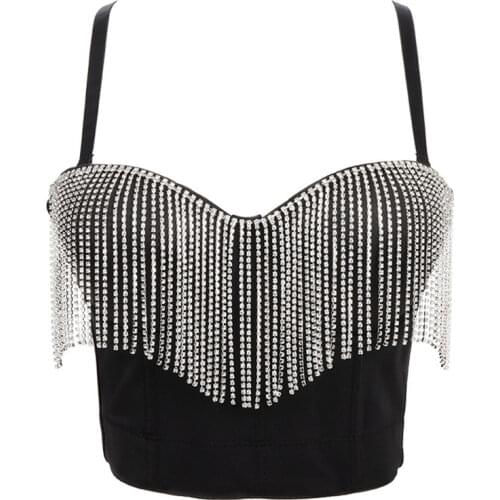 2021 Sexy Tassel Rhinestone Nightclub Push Up Bralette With Built In Bra Cropped To Wear Out Corset Tops Female Camis Crop Top