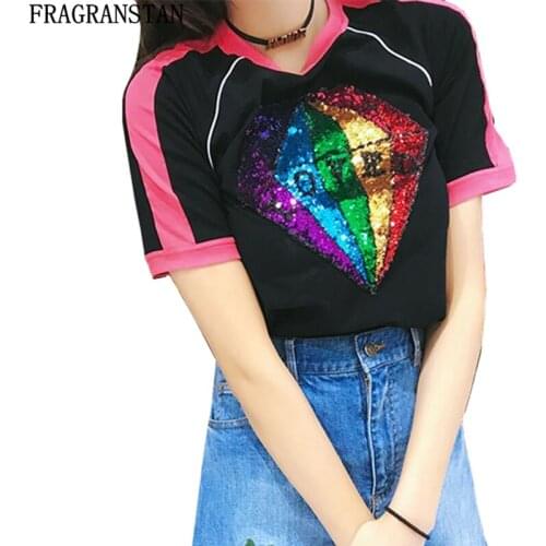 Women 2021 New Fashion Letter Diamond Sequins Black T-shirt Casual Slim Summer Tops Short Sleeve O-Neck Cotton Tshirts LY529