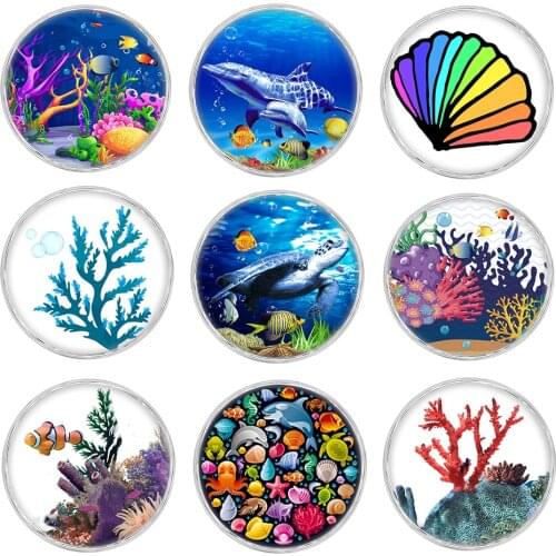 9 Colors Glass Acrylic Marine Life GingerSnaps button Charms With Copper Metal Base Fit 18mm Snap Jewelry Vn-1999