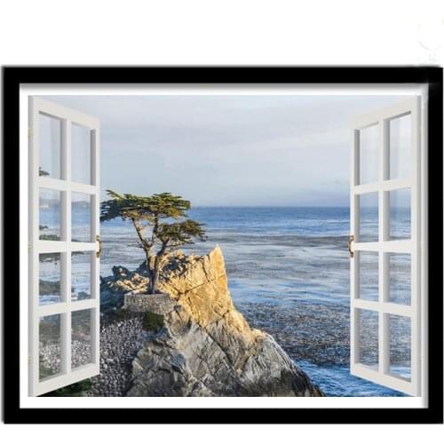 5D Diy Diamond Painting Full Cross Stitch Kits Window Outside Tree Landscape Mosaic Sea View Wall Stickers