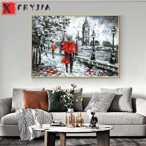 Full square Round drill Diamond embroidery Abstract city lovers with red umbrella 5D DIY diamond Painting Cross Stitch Mosaic