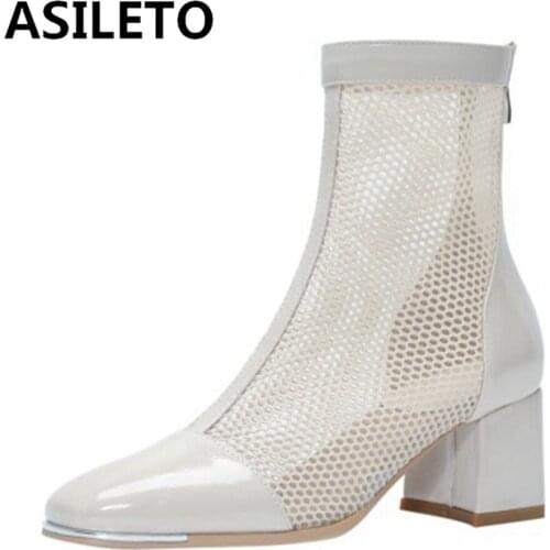 ASILETO 2021 New Designer Brand Net Mesh Summer Autumn Ankle Boots Lady Pointed Toe Patchwork Square Heel Black White S2425