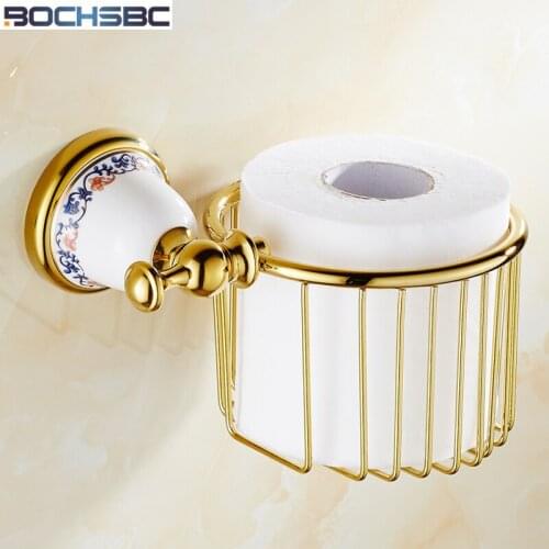BOCHSBC Gold Brass Paper Basket European Rose Gold Paper Roll Holder Basket Full Copper Bathroom Papel Higienico