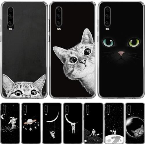 Space Moon Cute Cats Phone Case for Huawei P40 P30 P20 Mate 30 20 10 Pro P10 Lite P Smart Z + 2019 Gift Coque Cover Capa