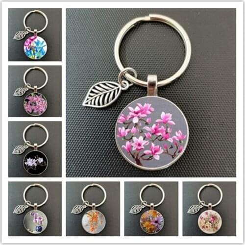 Daisy rose cherry blossom simple style keychain glass cabochon jewelry lily flower pendant keychain men and women gifts