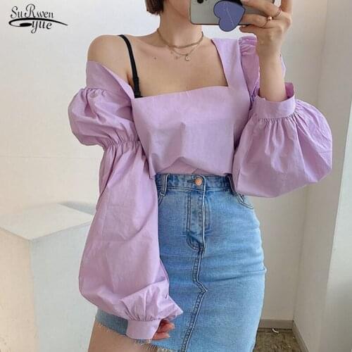 Autumn 2021 Solid 4 Colors Sweet Cotton Shirts Vintage Slim Long Puff Sleeve Chic Square Collar Women Blouse Blusas Mujer 15549