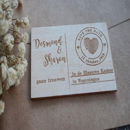 Personalized wood save the dates, postcard design, fingerprint heart