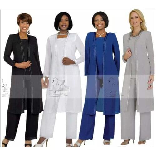 2019 Chiffon Plus Size Mothers Suit with Long Sleeves Jacket Pants Mother of Bride Groom Wedding Party Gowns Evening Prom Dress