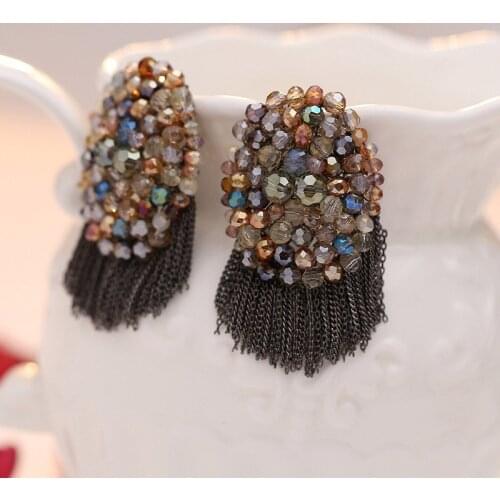 Multicolor Crystal Beaded Short Tassel Earrings Vintage Metal chain Statement Dangle Earrings For Women Handmade Fashion Jewelry