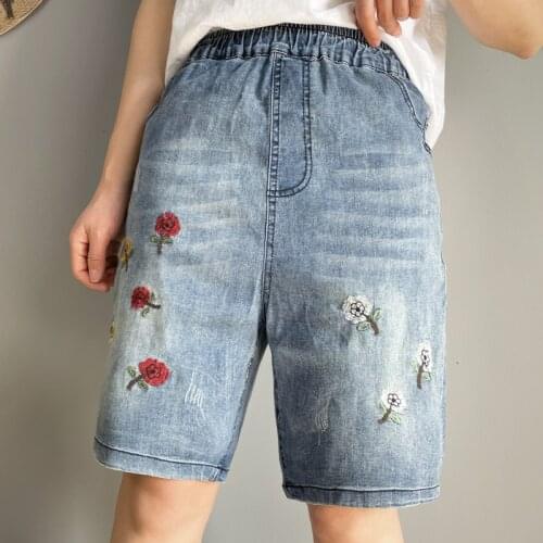 Baggy Boyfriend Shorts Jeans Women High Waisted Denim Shorts Femme Vintage Streetwear Embroidery Ripped Distressed Jeans Pants