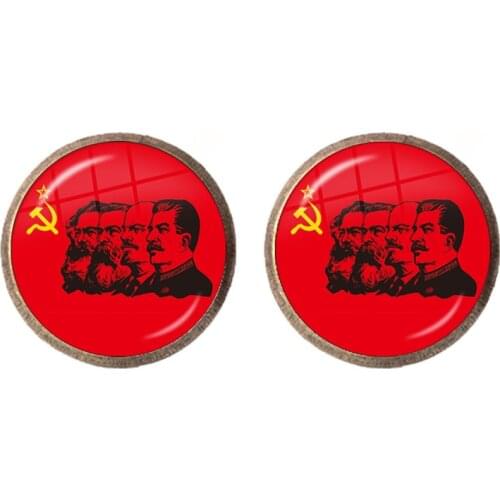 Soviet USSR Stalin Lenin Stud Earrings Classic Red Star Hammer Sickle Communism Emblem CCCP Glass Cabochon Ear Jewelry For Women