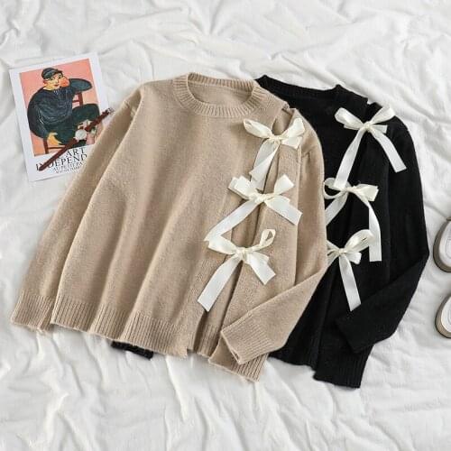 Korean Chic Lacing Bow O Neck Long Sleeve Women Sweaters Vintage Preppy Style Solid Sweet Pullovers Female Sweaters
