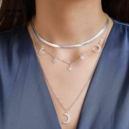 Tocona Bohemian Moon Pendnat Necklace for Women Charms Silver Color Star Multilayer Sweater Chain Party Jewelry Collar 14493