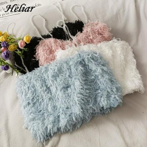 HELIAR Sexy Plush Tees Top Womens Sleeveless Solid Color Feather Mini Camisole Fluffy Plush Night Party Clubwear Camis Ladies