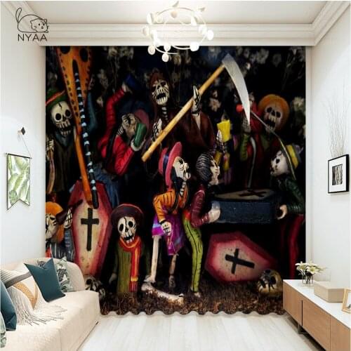 Black Skull Skeleton Printed Blackout Curtain Modern Decoration Curtains In The Living Room Pastoral Curtains Baby Micro Shading