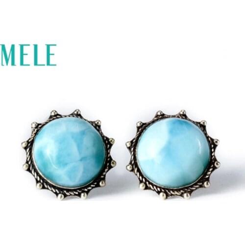 Natural Larimar 925 silver gemstone earrings for women,round flower shape, sun fashion and trendy