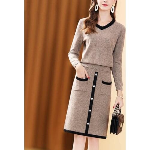 Sweater Two Piece Set 2021 Autumn New Ladies Knitted Suit Women Plus Size Casual Long Sleeve Knit Tops And Pocket Skirts aq940