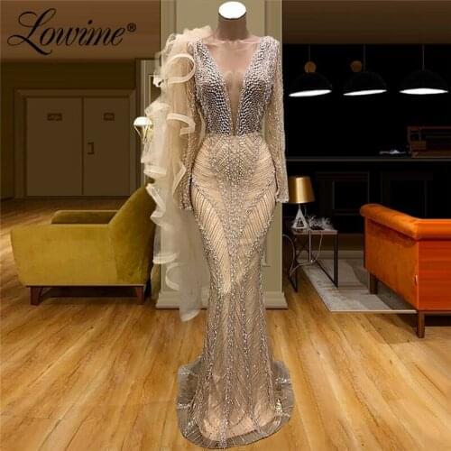 Heavy Pearls Beaded Dubai Evening Dresses Long Sleeve Elegant Muslim Arabic Mermaid Formal Middle East Dresses Women Party Night