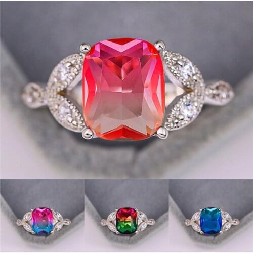 Vintage Female Blue Green Crystal Ring Charm Hollow Leaf Wedding Rings For Women Dainty Rainbow Square Engagement Ring