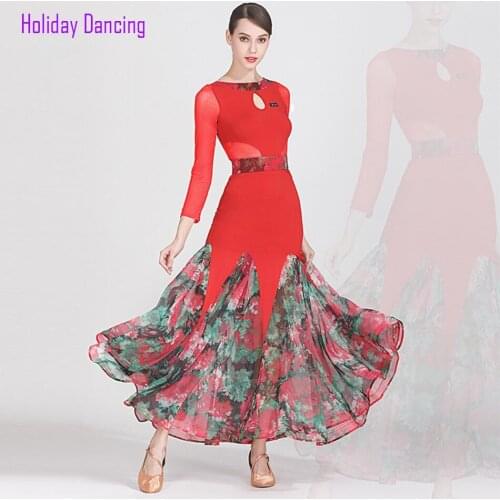 2021 New 1873 O Neck Latin Dance Dress Women Performance Floral Patchwork Design Modern Dance Dress Latino Dancewear