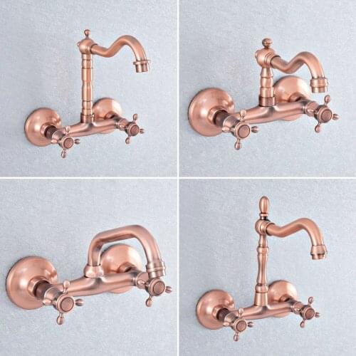 Antique Red Copper Brass Wall Mounted Bathroom Kitchen Sink Faucet Swivel Spout Mixer Tap Dual Cross Handles msf865