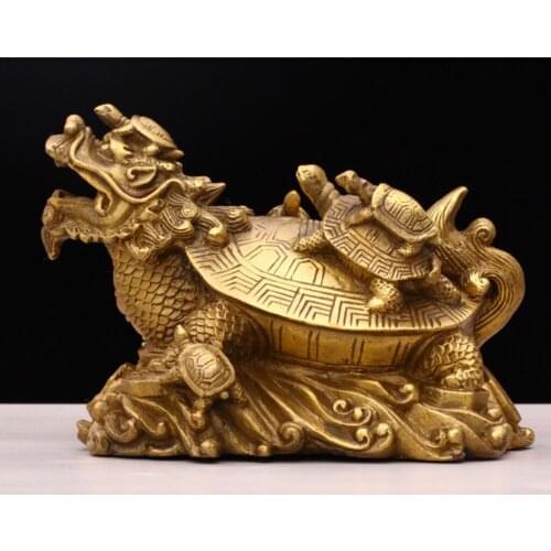 Antique Wealth Chinese Luck Copper Fengshui Dragon Turtle Statue Ornamental for Housewarming