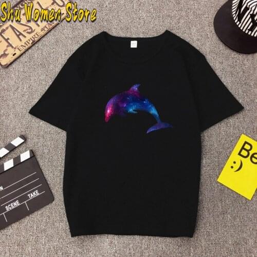Hillbilly New Casual Short Sleeve Black starry sky Dolphin Print Fashion Round Neck Short Sleeve Harajuku T-Shirts Fish Style