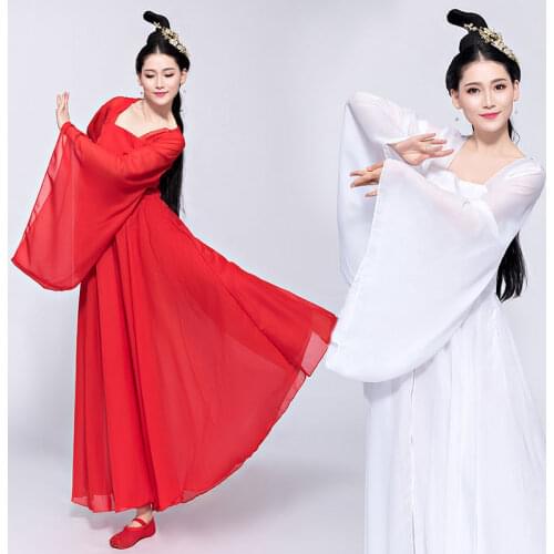Classic Folk Dance Dress Elegant Adult Style Elegant Chinese Xxl 3xl Hanfu Dress Hanfu White Red Stage Costumes for Women
