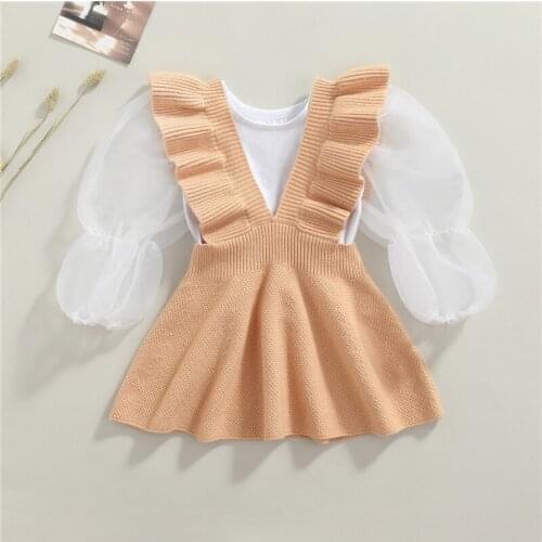 Little Girls Newest Two Pieces Skirt Suit Fashion Solid Color Mesh Puff Long Sleeve Tops and Knitted Suspender Skirt, 1-7Years