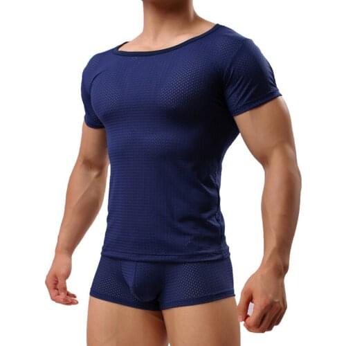 Sexy Undershirts Mens Clothes Set Breathable Shirt Men Underwear Set Male Undershirts Fitness Tops Pajamas Boxer Shorts