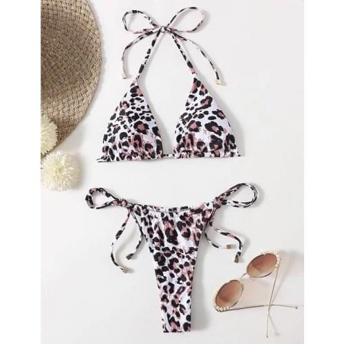 Swimming Suit For Women Sexy Hanging Neck Lace Up High Cut Leg Leopard Print Thong Bandage Bikini Set Two Piece Swimsuit Tankini