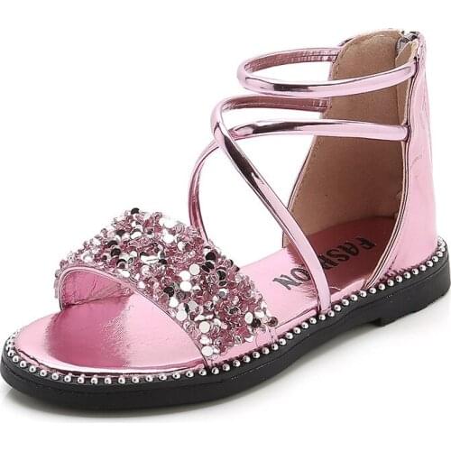 Summer Sandal Girl Beach Fashion Sequins Princess Shoes Child Pink Kid Flat Patent Leather Shoes 3 4 5 6 7 8 9 10 11 12 13 Year