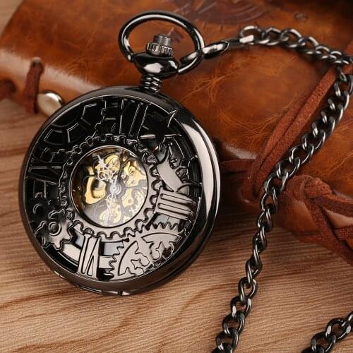 Steampunk Black Gear Pattern Mechanical Pocket Watch Manual Mechanism Retro Pendant Timepiece Hand Winding Pocket Clock Male