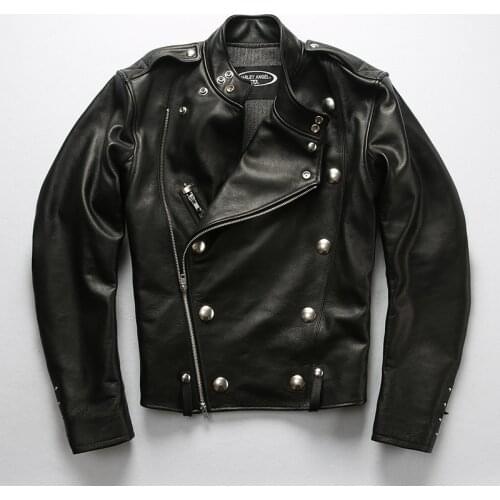 Fast Shipping Free 2020 Mens Brand Genuine Leather Thick Autumn Winter Rivet Oblique Zipper Motorcycle Biker Jacket