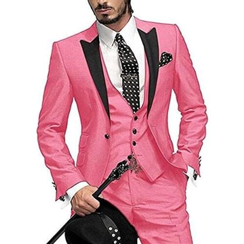 New Arrival One Button Hot Pink Groom Tuxedos Groomsmen Peak Lapel Mens Suits Blazers (Jacket+Pants+Vest+Tie) W:1009