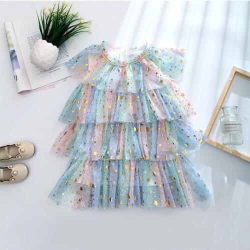 3-8 Years Princess Rainbow Cake Dress Wedding Evening Sequined Star Kids Dresses for Girls Children Birthday Party Clothes