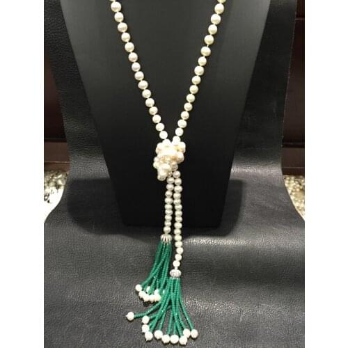 Hot sell long 7-8mm natural white freshwater pearl sweater green chain necklace fashion Best gift for mom jewelry 48inch
