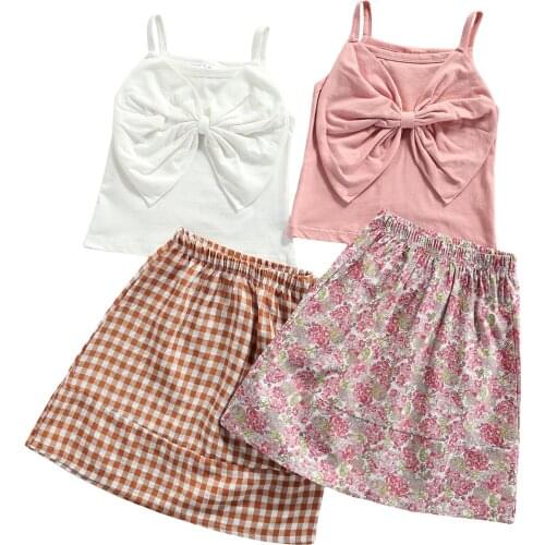 Infant Kids Baby Girls Casual Two-piece Clothes Set, Solid Color Boat Neck Camisole and Elastic Waist Skirt, White/ Pink 1-6T