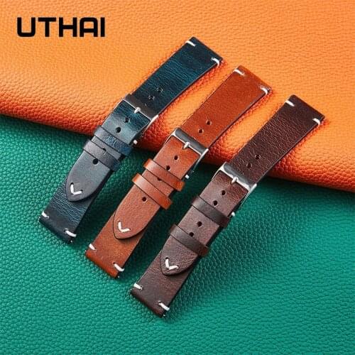 High quality Leather loop Band 20mm 22mm Smart Retro Calfskin Oil Wax Leather Ultra-thin Soft Sports Watch Strap UTHAI F07+ 2021