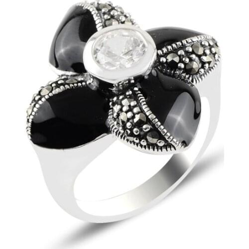 Silver 925 Sterling Marcasite, Zircon Stone & Enamel Ring