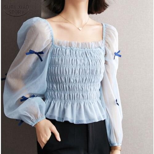 Long Sleeve Square Neck Chiffon Blouse Women Fall Long Sleeve Fairy Mesh Lady Shirt Elegant Casual Top Women Short Clothes 16209