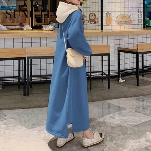 Sungtin Loose Thick Warm Hooded Dress Women 2020 New Spring Autumn Solid Pullover Casual Long Hoodies Women Oversize Sweatshirt