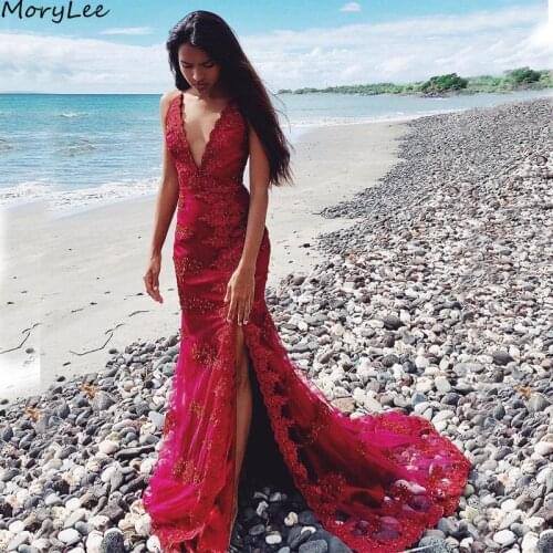 Prom Dresses V-Neck Sleeveless Side Slit Tulle Lace Crystal Mermaid Prom Dresses With Zipper Back vestidos de fiesta de noche
